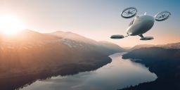 eVTOL Electric Vertical Take Off and Landing Aircraft Flying Through Beautiful Landscape At Dawn