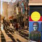 A collage of three images: a busy Melbourne street in the afternoon with lots of people and a lady on a bike crossing the road at an intersection; a wall painted with the Aboriginal flag; a graffiti image of a young girl in a native cultural outfit. 