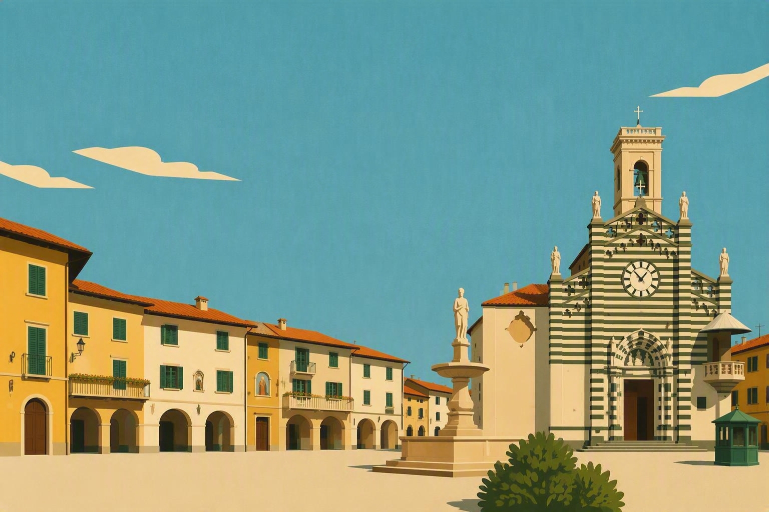 AI enhanced image of an Italian green and white striped cathedral  with yellow townhouses to the left