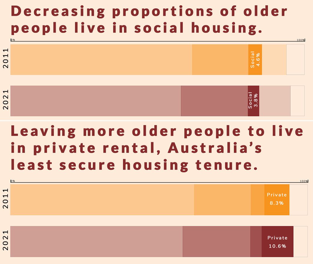 Stats showing the amount of older people living in social housing, as well as older people living in private rentals.