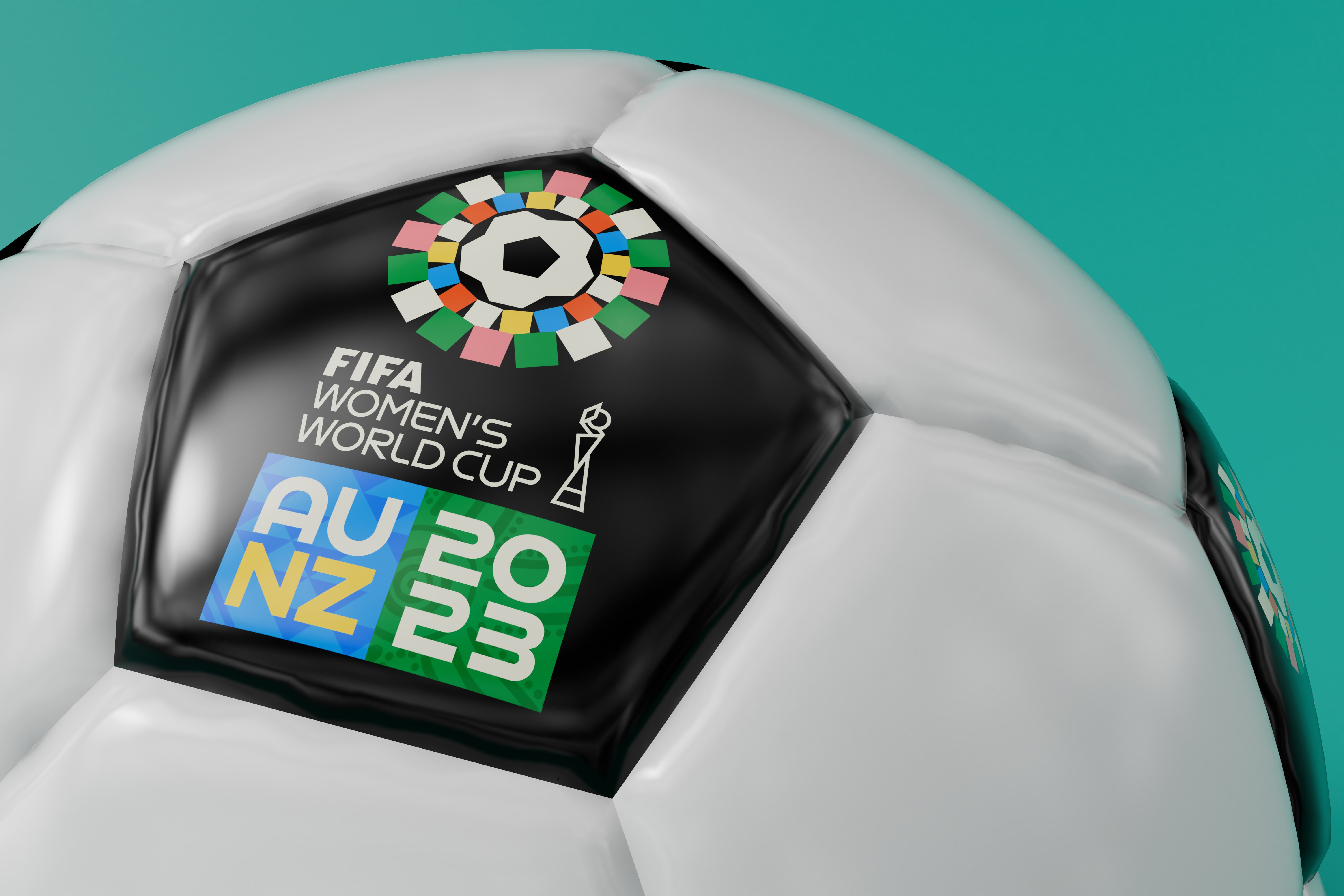 LONDON, UK - July 2023: Fifa Women's world cup logo on a football . 3D Rendering