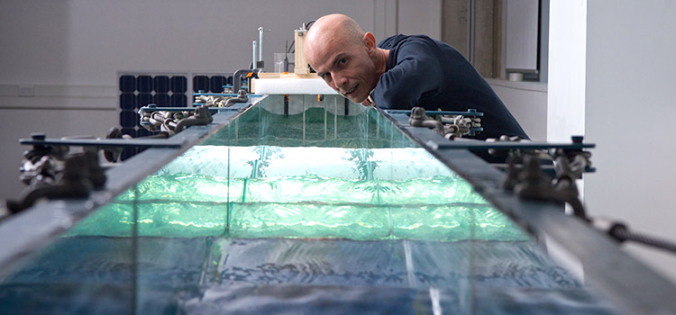 Professor Richard Manasseh uses the wave-maker for studies of the fundamental fluid dynamics of waves interacting with generic wave-energy converters.