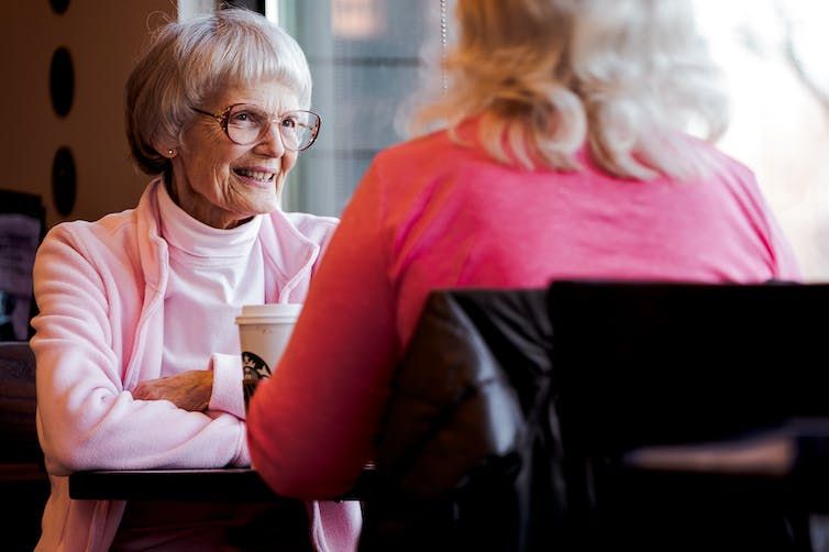Two older women having a coffee at a cafe 