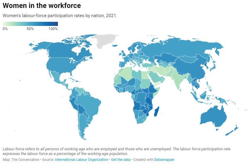 A world map with countries in various shades of blue depending on the percentage of women working in that nation. Darker the blue, the more women are in the workforce in that country.