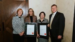 Vice-Chancellor Professor Pascale Quester, Chancellor Fellows Renée Roberts and Vi Peterson, and Chancellor Professor John Pollaers OAM stand together