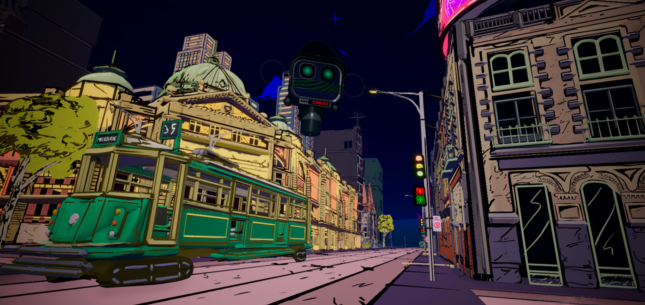 Animation from a Swinburne student film work depicting a Melbourne tram passing the iconic Flinders Street station