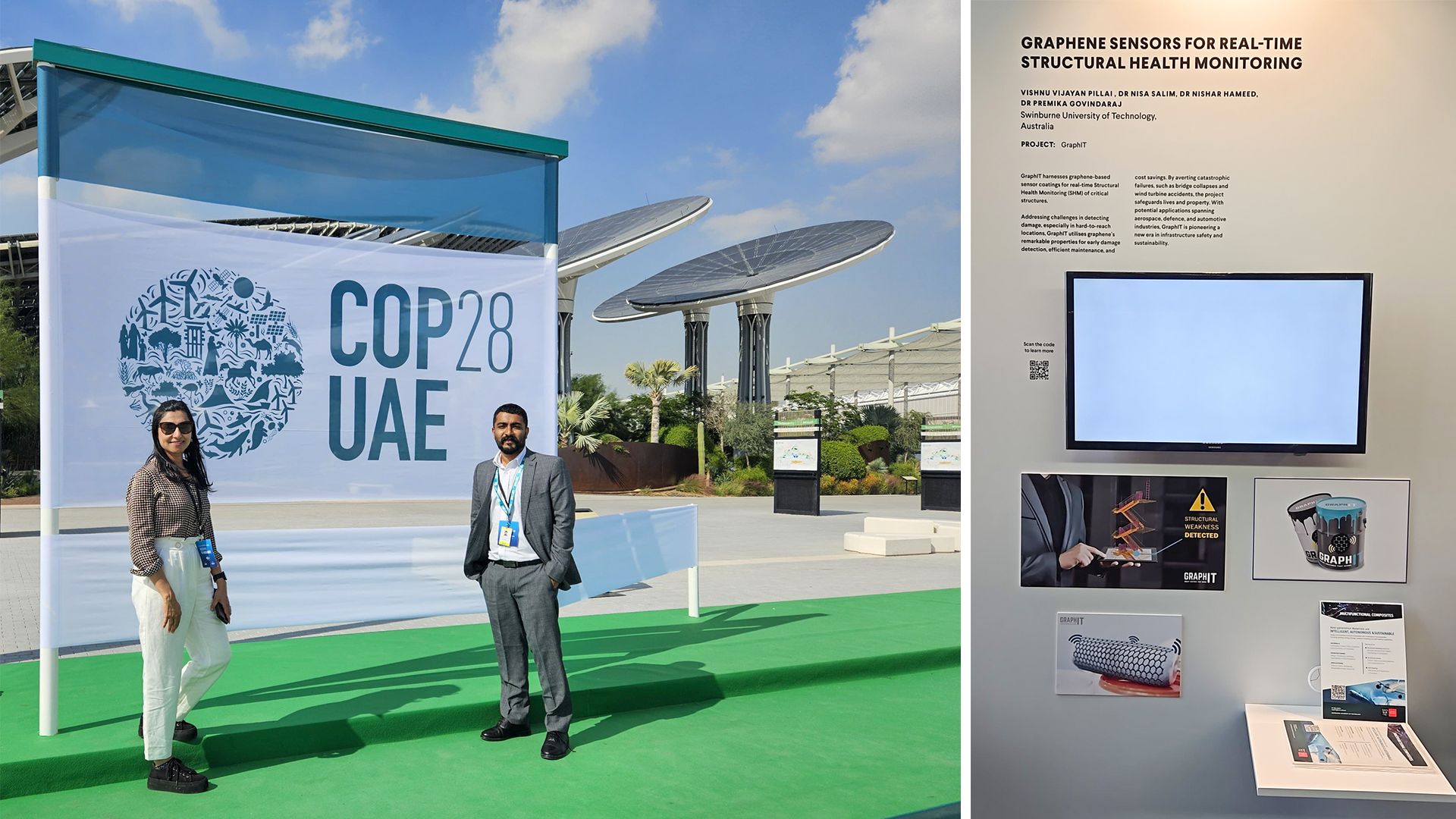 Dr Nisa Salim and Vishnu Pillai in front of a COP28 UAE banner in Dubai.