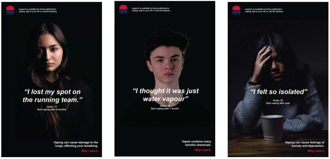 Advertising mock ups featuring three posters of students against dark backgrounds and containing text with quotes about the impacts of vaping