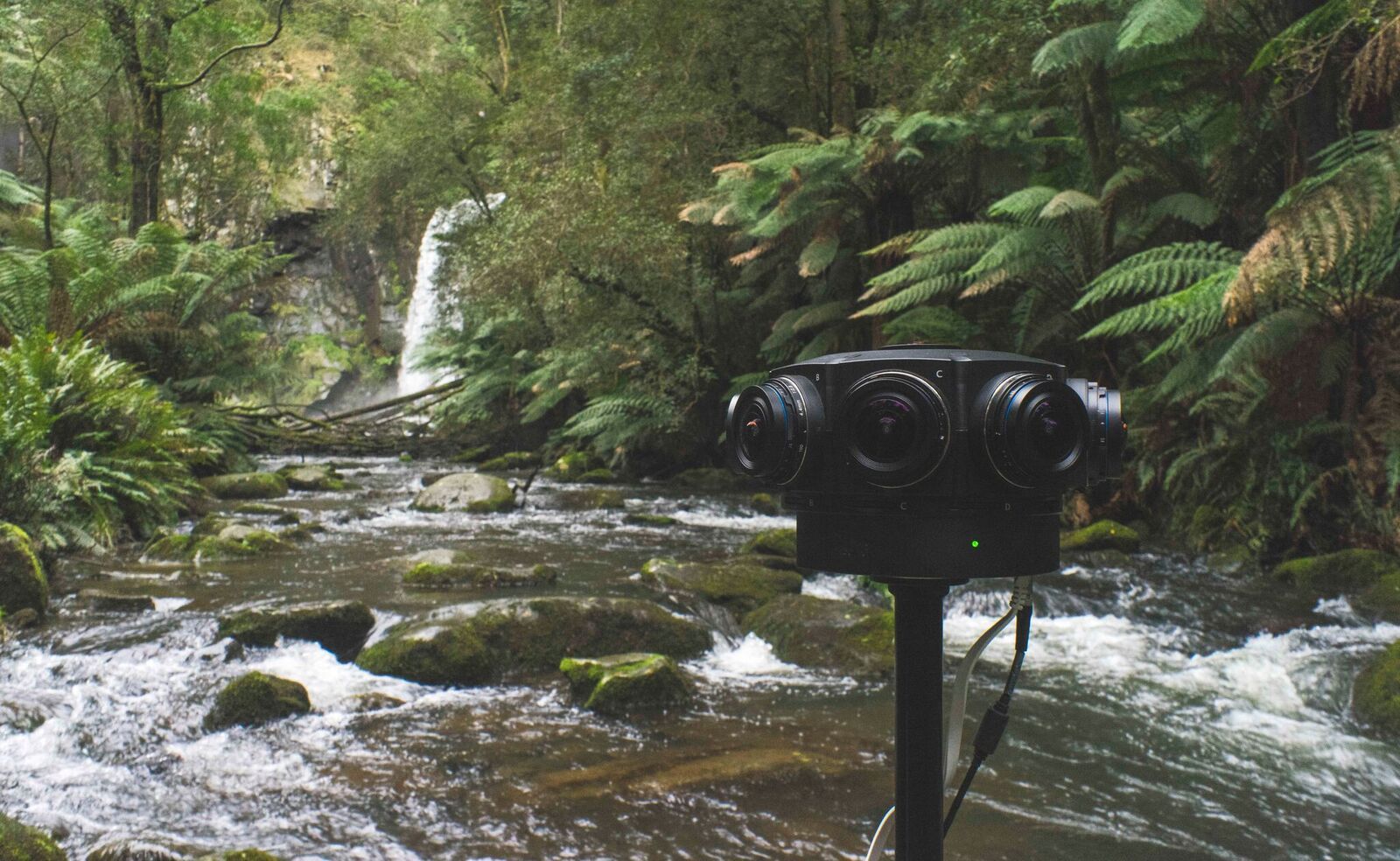 Place 360 filming for the mindfulness app - a camera with multiple lenses on a tripod next to a waterfall in The Otways