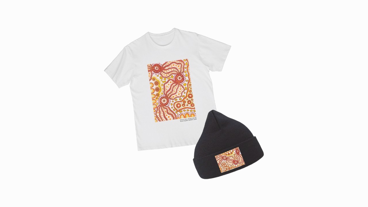 Katie Budgen's winning design from the 2020 NAIDOC Week Indigenous art competition is available as apparel for sale via Swinburne's Razor Shop