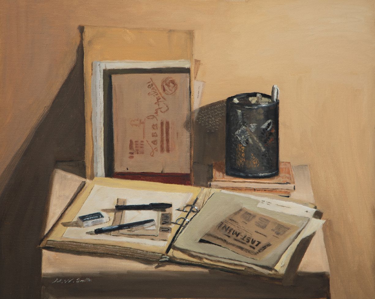An oil painting of paper, lettering, and drawing equipment 