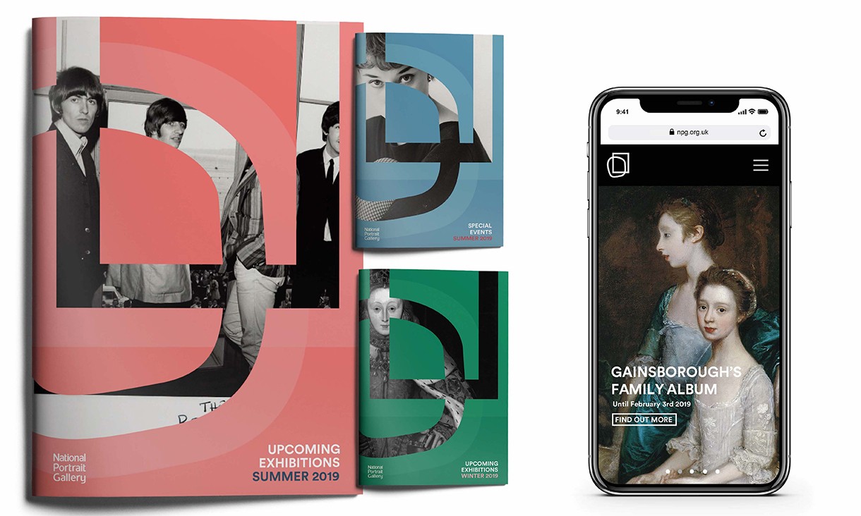 Communication design for the National Portrait Gallery features the work of Thomas Gainsborough and other iconic images of The Beatles and Audrey Hepburn with geographic block colours.