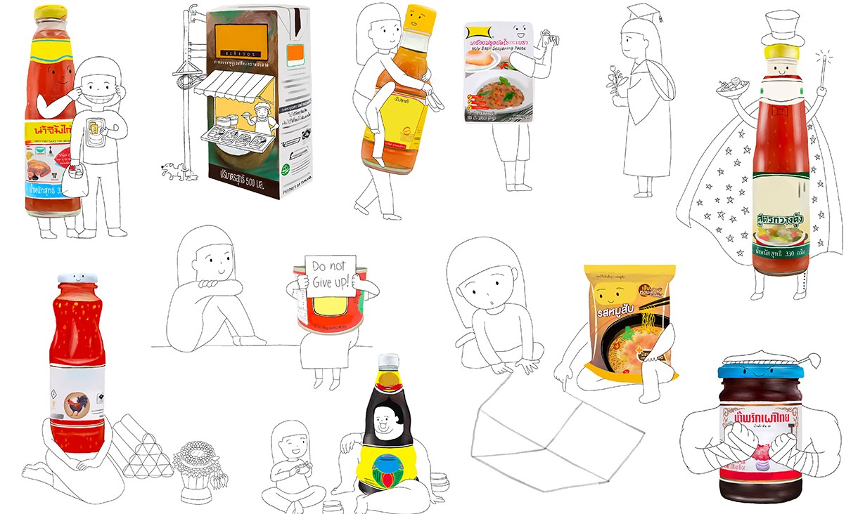 Line illustrations transform everyday kitchen products into characters – a bottle of tomato sauce becomes a magician. 