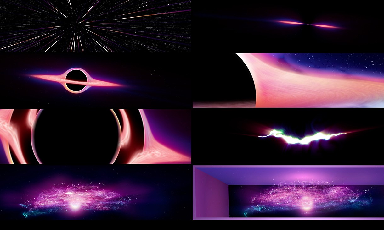 Images of space in pink and purples hues appear against a black backdrop