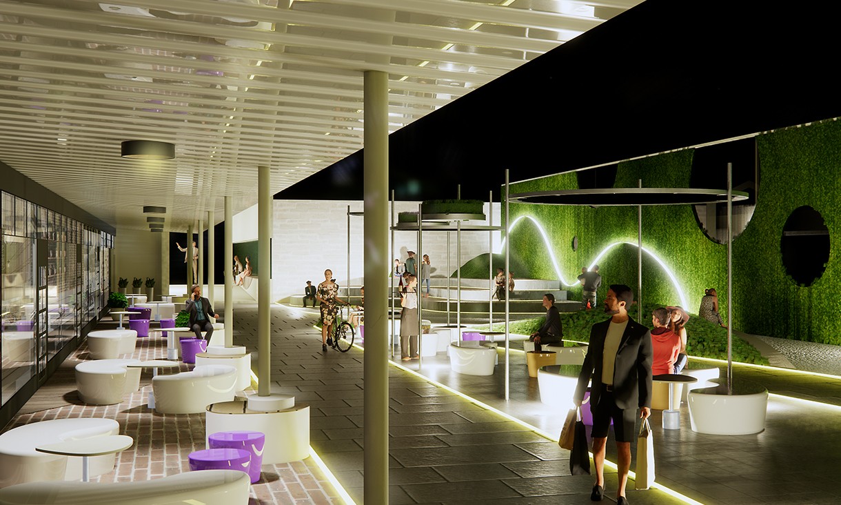 A CGI of a hybrid space - people shop and conduct business, and wheel their bikes through the space which features a green wall and white, curved neon lighting