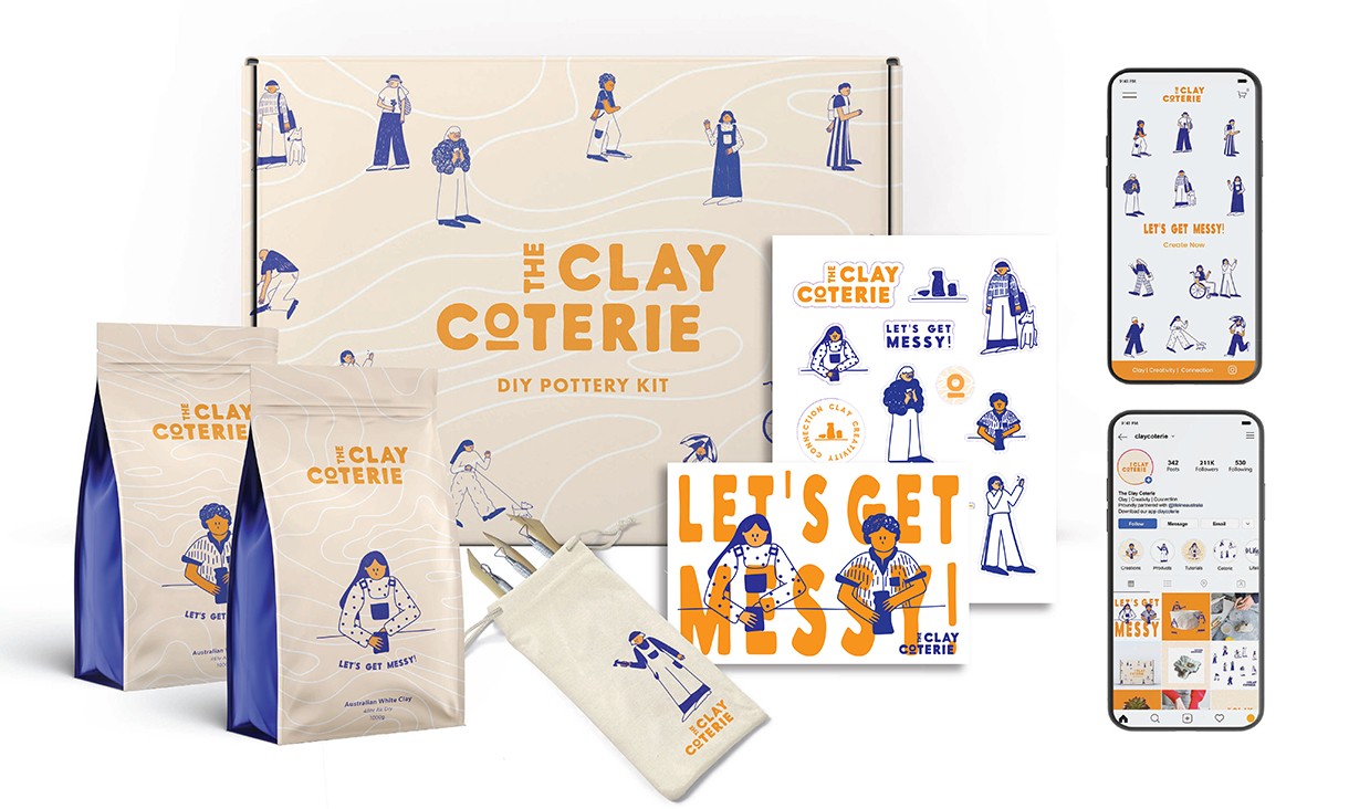 Packaging and identity design for The Clay Coterie (a DIY pottery kit). The packaging features cartoon like characters making pottery. 