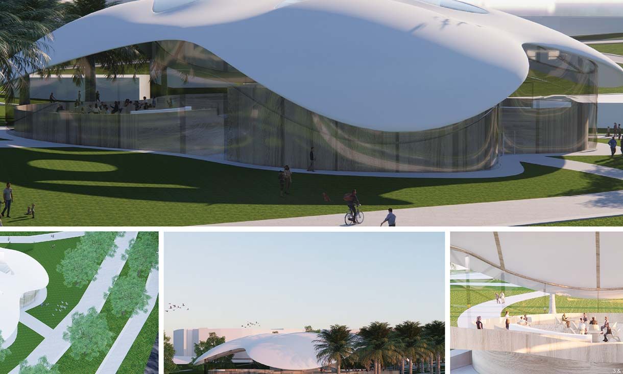 A collage of the Nardoo gallery building with soft shapes and a sweeping exterior