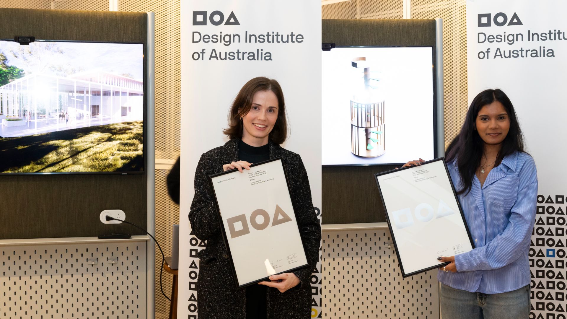 Swinburne’s School of Design and Architecture winners holding up their awards at the GOTYA for Vic/Tas 