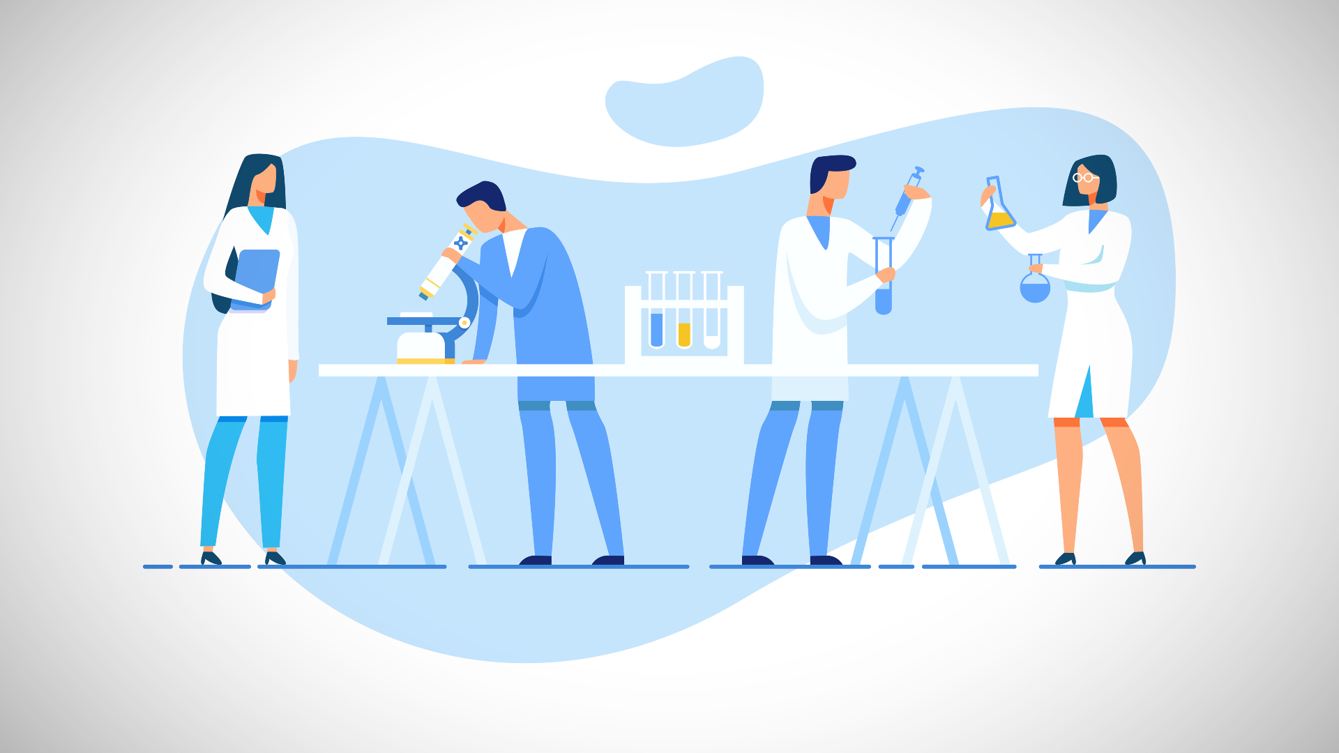 A cartoon illustration of four people working in a laboratory