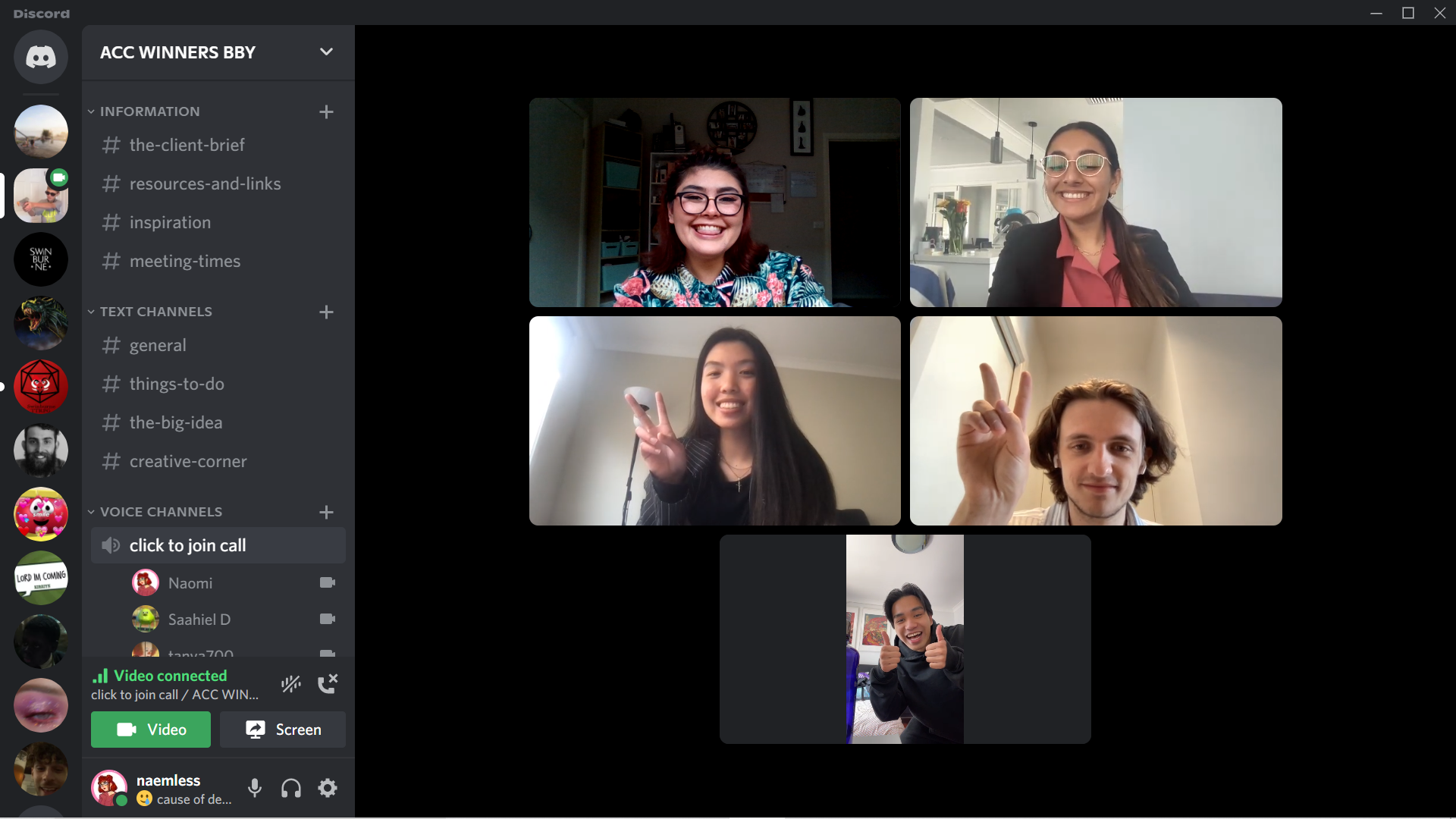 Five Swinburne students from the winning team are all smiles on their Zoom call