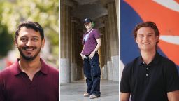 Headshots of three students, Raj Burli, Arlo Fehring and Blake Innes,, smiling at camera.