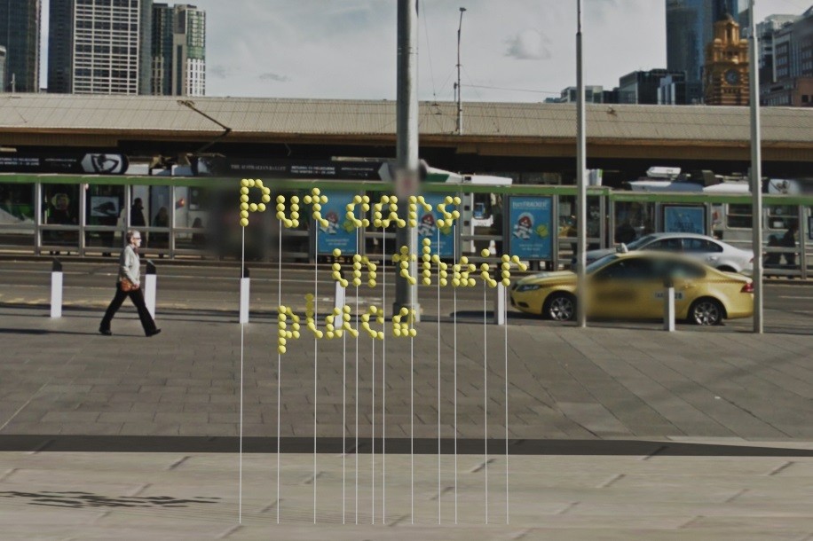 A mockup of typography exhibit shows the words "Put cars in their place" in yellow dots that can only be read from a certain angle