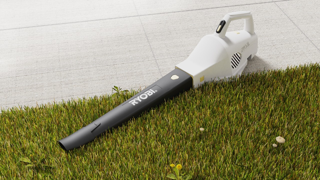 Render of a sleek leaf blower sitting on green lawn and clean pavement