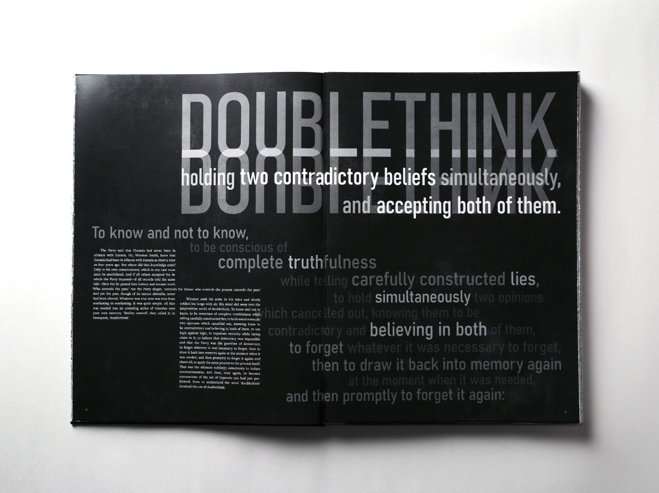 The top of a black page with white texts reads "Double think" in large letters. Other white text flips and overlaps in different opacities. 