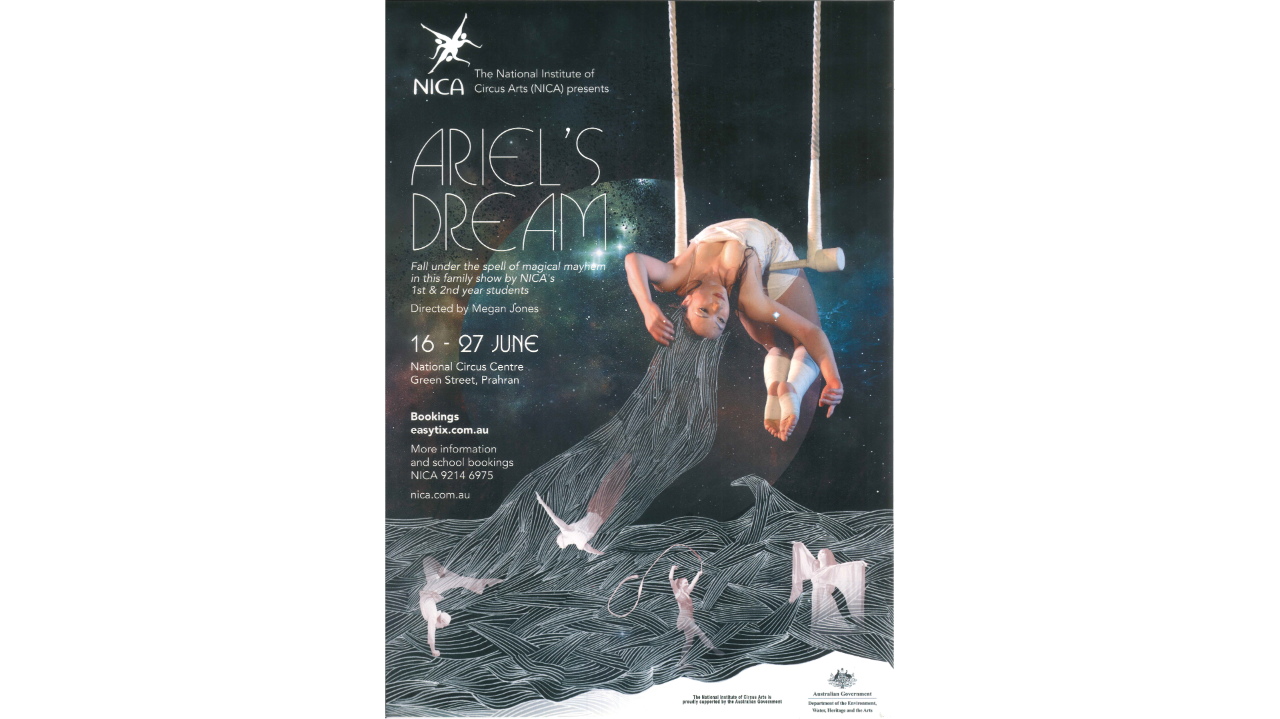 Promo poster for the ensemble production Ariel’s Dream in 2009, featuring NICA’s first and second year students