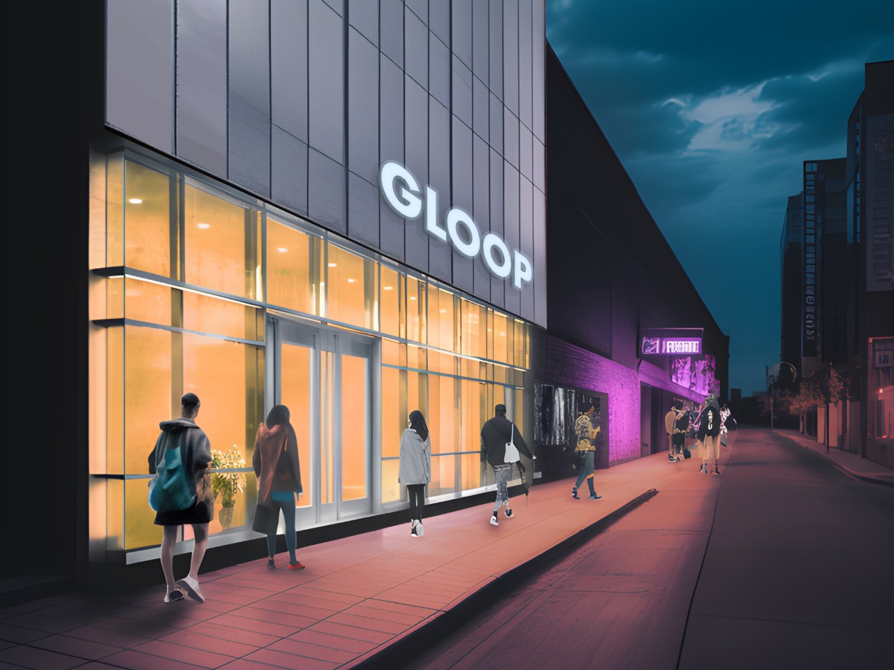People walk along a contemporary streetscape with bland corporate building that has 'Gloop' written on the side