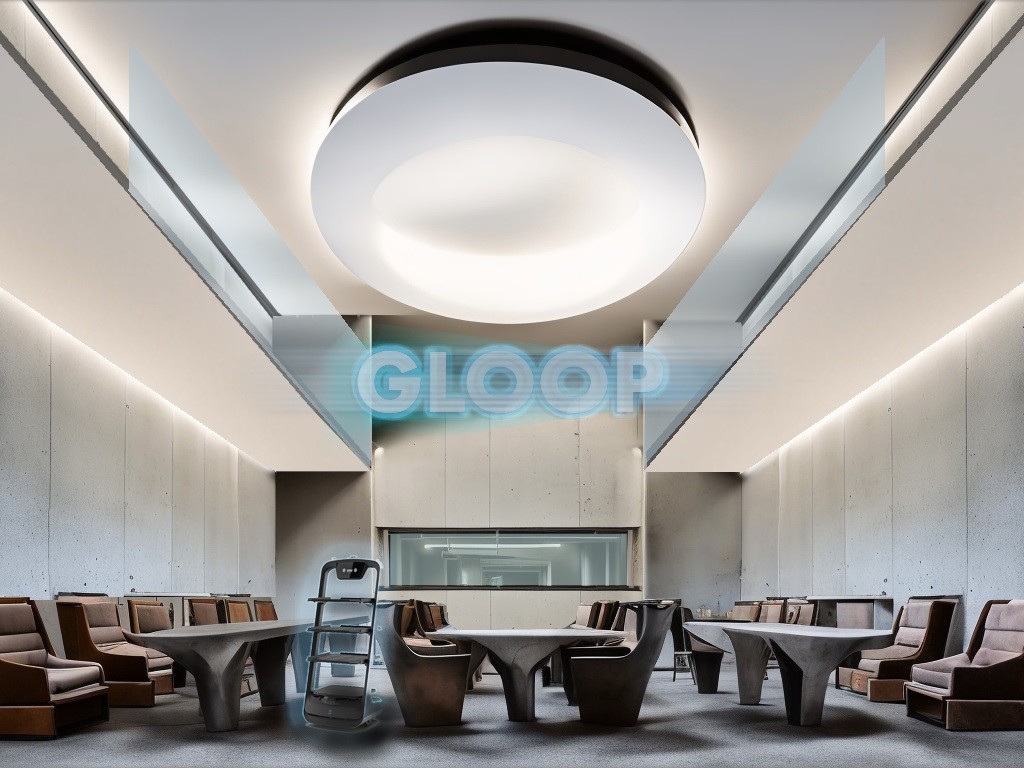 A holographic sigh that says 'Gloop' hovered over a concrete tables and empty chairs in a sterile, futuristic dinning hall
