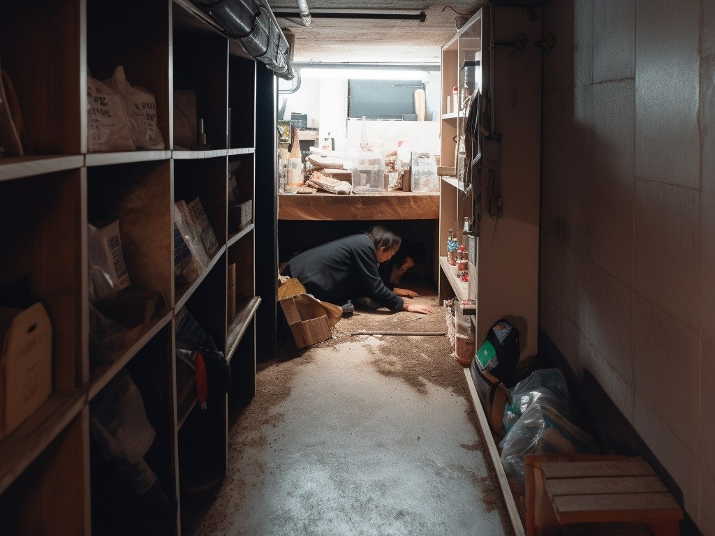 In a cluttered backroom full of storage shelves and sawdust, a person is climbing under a bench and through a trapdoor