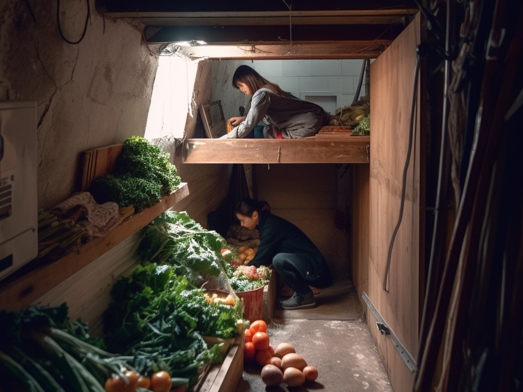 Two people crouch in a small underground space, sorting through piles of fresh vegetables 
