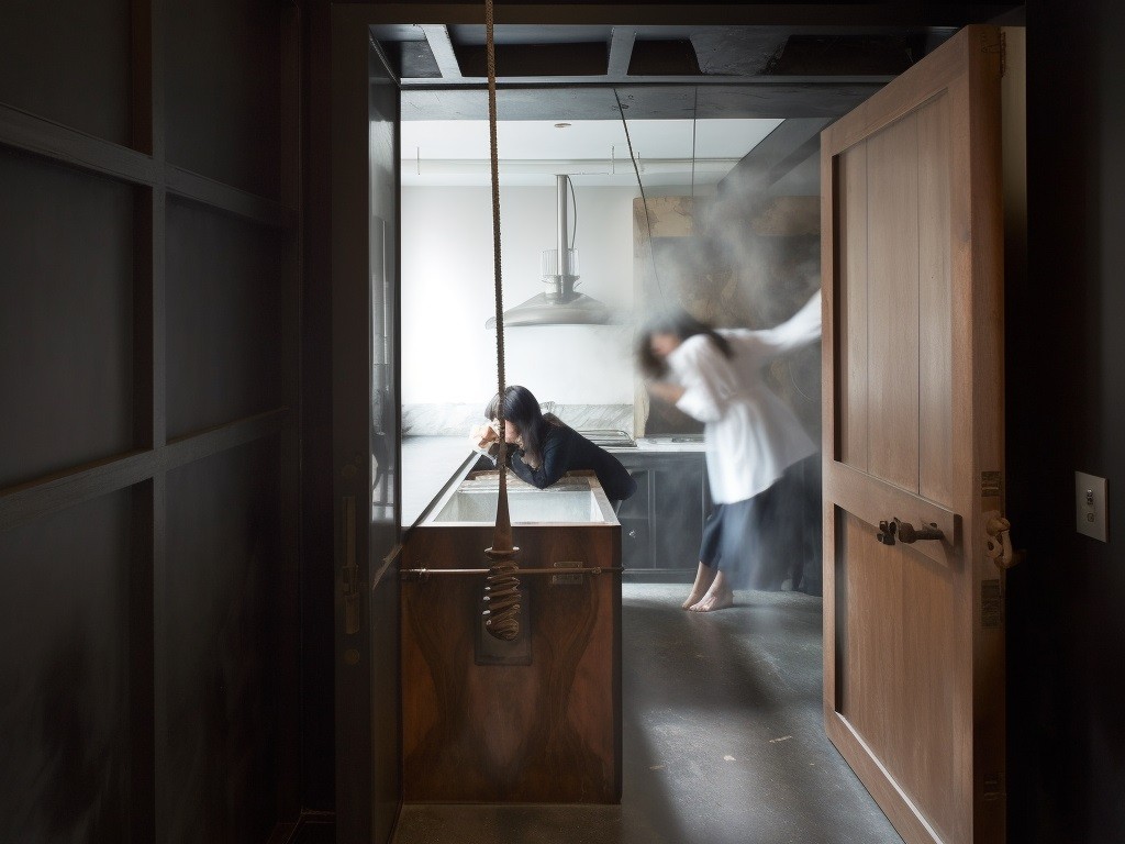 A dark corridor opens onto a misty kitchen where blurred figures are moving around a stove and sink
