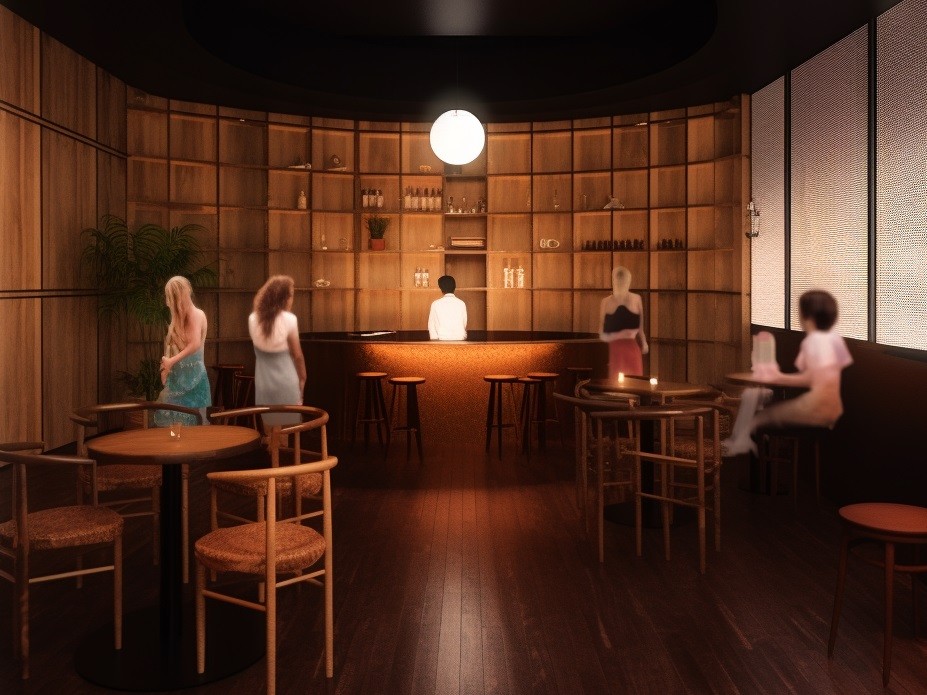 Blurred shapes of people sit and stand in an underground room with low lighting, there is a circular bar with bartender behind it and shelfs neatly filled with glasses and bottles at the black of the room, chairs and circular tables are spread out closer to the front