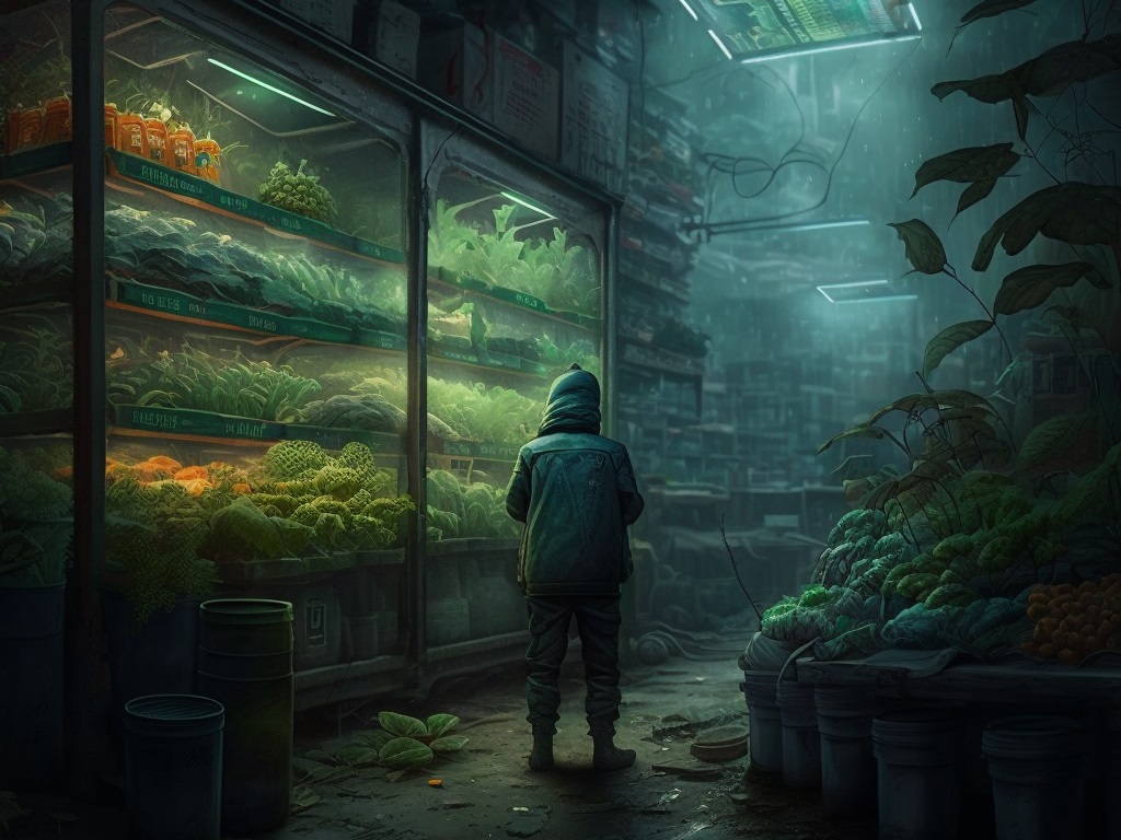 A figure in a hood stands in a shadowy area of a large, dystopian, underground cavern, in front of refrigerated glass shipping container of fresh vegetables 