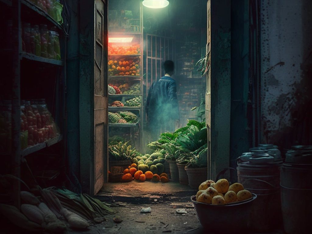 Double doors open onto a misty storage room with shelfs stacked with fresh food and piles of it in the doorway, a shadow figure stand in the mist towards the back