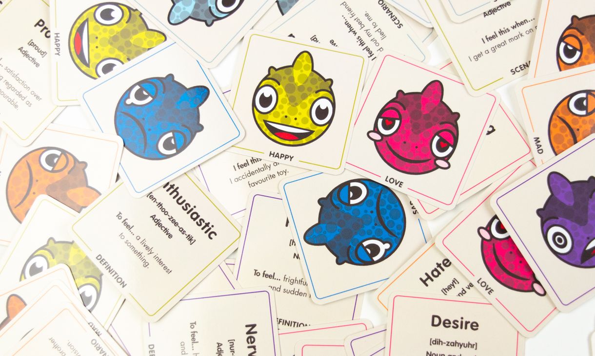 A spread of square cards with rounded corners show "Jack" the rainbow chameleon with a variety of facial expressions including ones titled: love, mad, happy, and sad