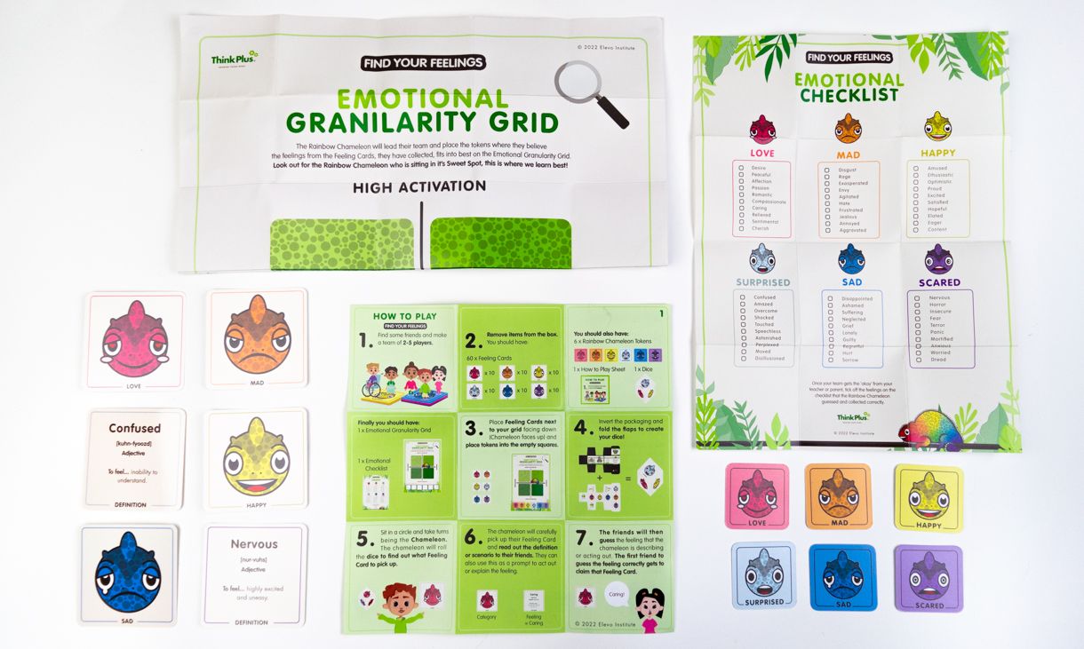 Two sets of colourful cards, one large and one small, show a rainbow chameleon displaying different emotions. They are accompanied by an "Emotional Granularity Grid" and "Emotional Checklist" and a seven step "How to play guide"