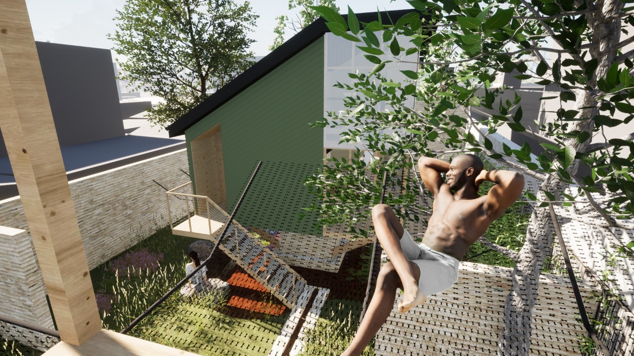 Render of a person reclining on a high netting platform amongst the braces of a tree