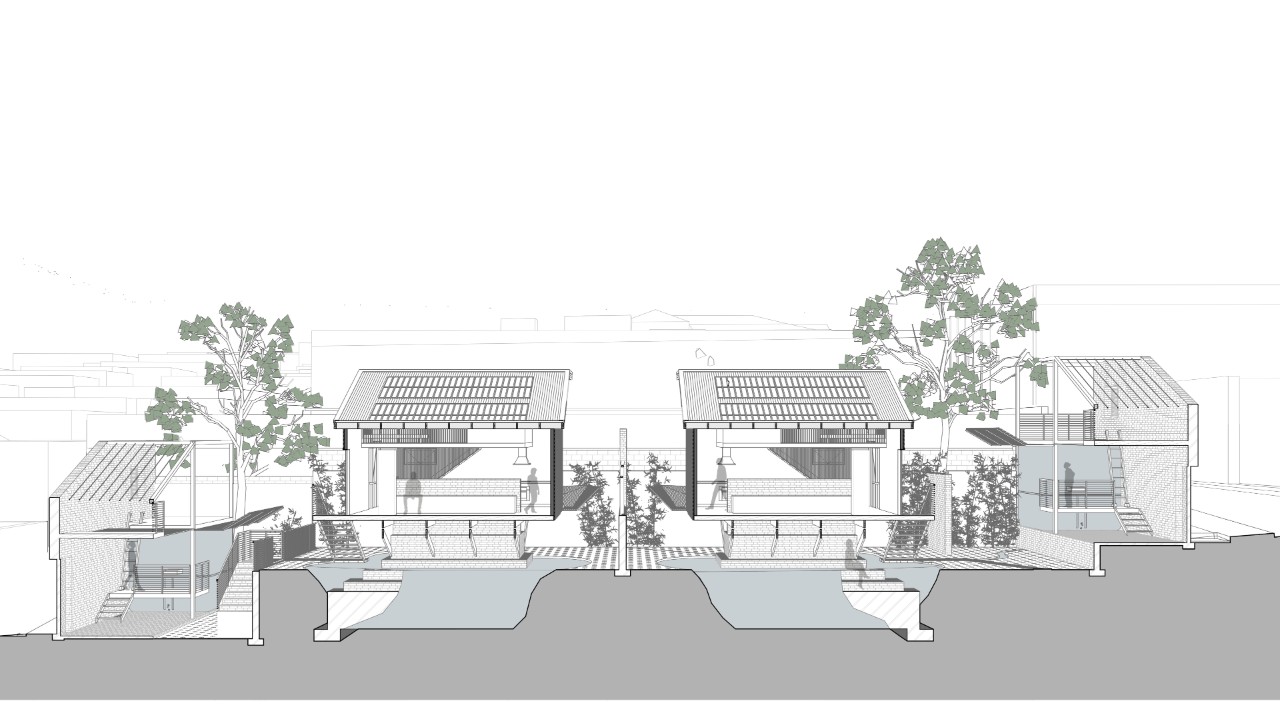 A detailed digital line drawing of a residential block with two small residences suspended over water, trees, and brick walls with covered verandas at each end