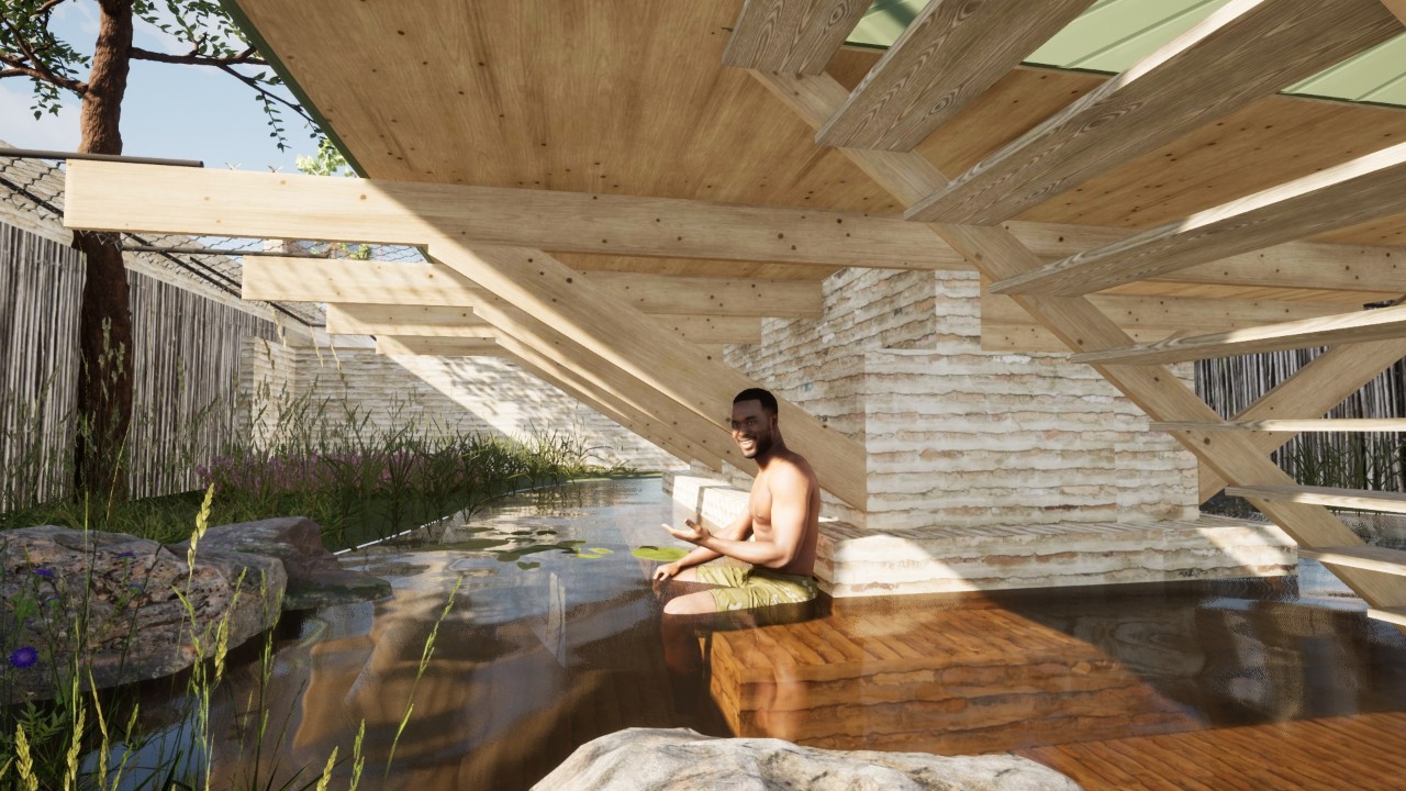 Render of a person sitting on a rustic brick plinth with their legs in the water of a swimming pond