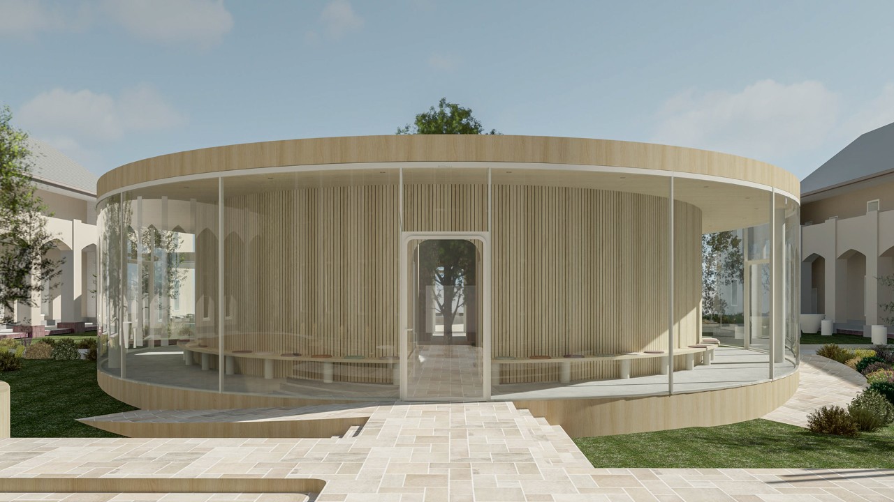 Redner of a large circular, outdoor pavilion made from natural wood and glass and with a tree growing at its centre
