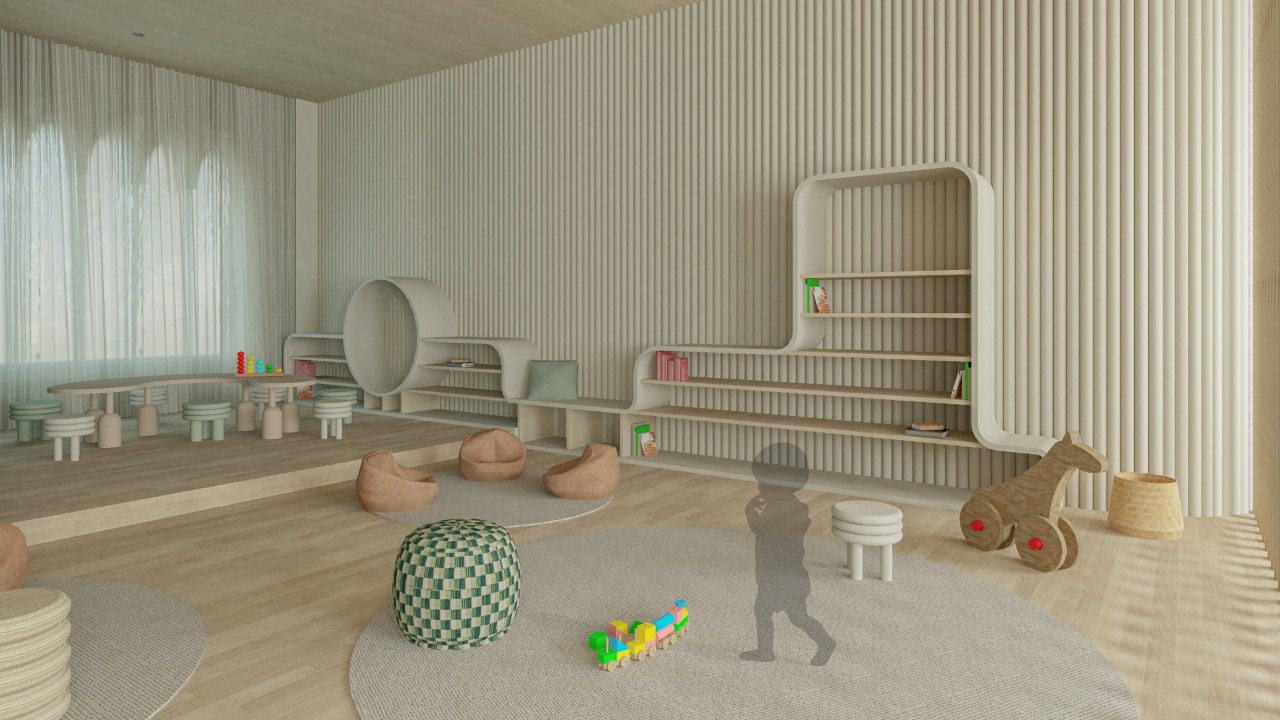Render of an indoor child's play area using natural wood and soft colours