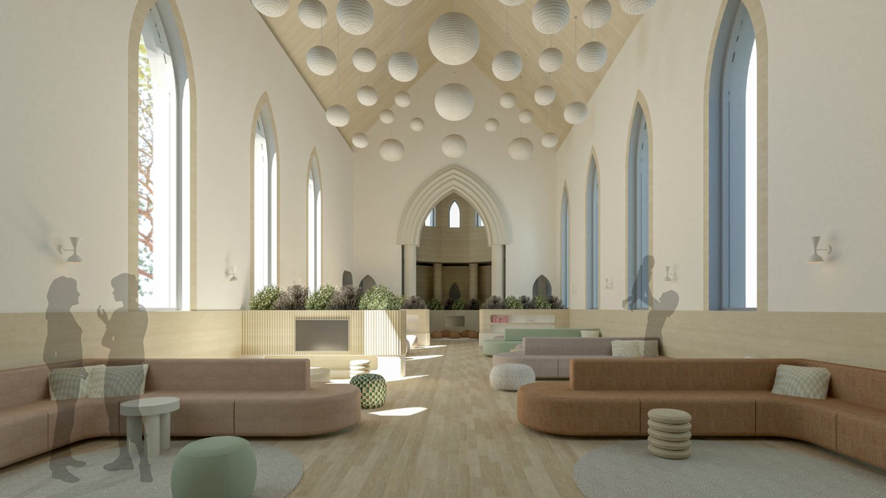 Render of the re-deigned inside of a gothic-style church style with soft colours and furniture to be a communal space