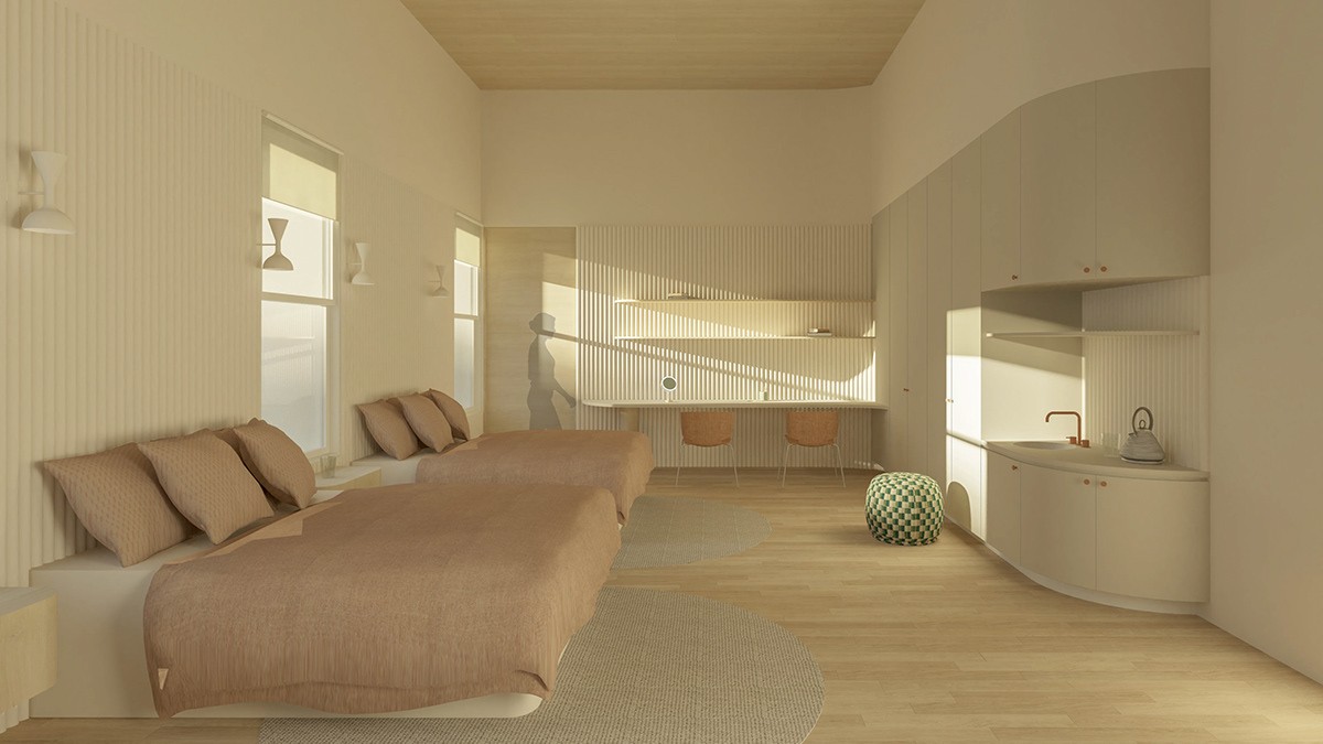 Render of a bedroom designed in soft colours and natural wood