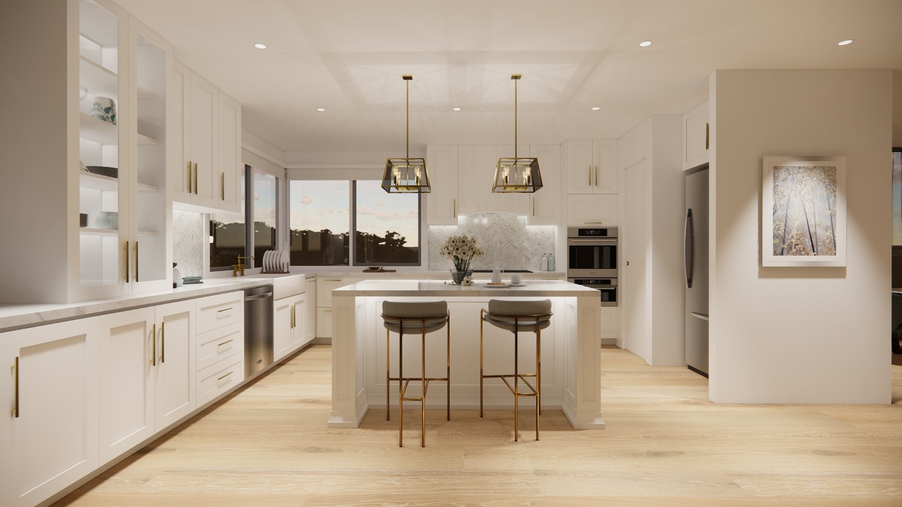 Render of a cream kitchen with brass accents a light wood floor