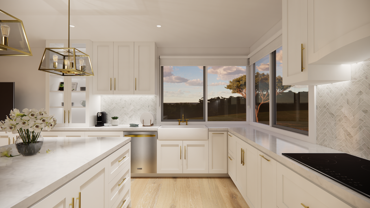 Render of a cream kitchen with brass accents a light wood floor, looking out a window to a landscape view