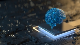 A 3D printed brain on a computer motherboard or chip depicting artificial intelligence technology.