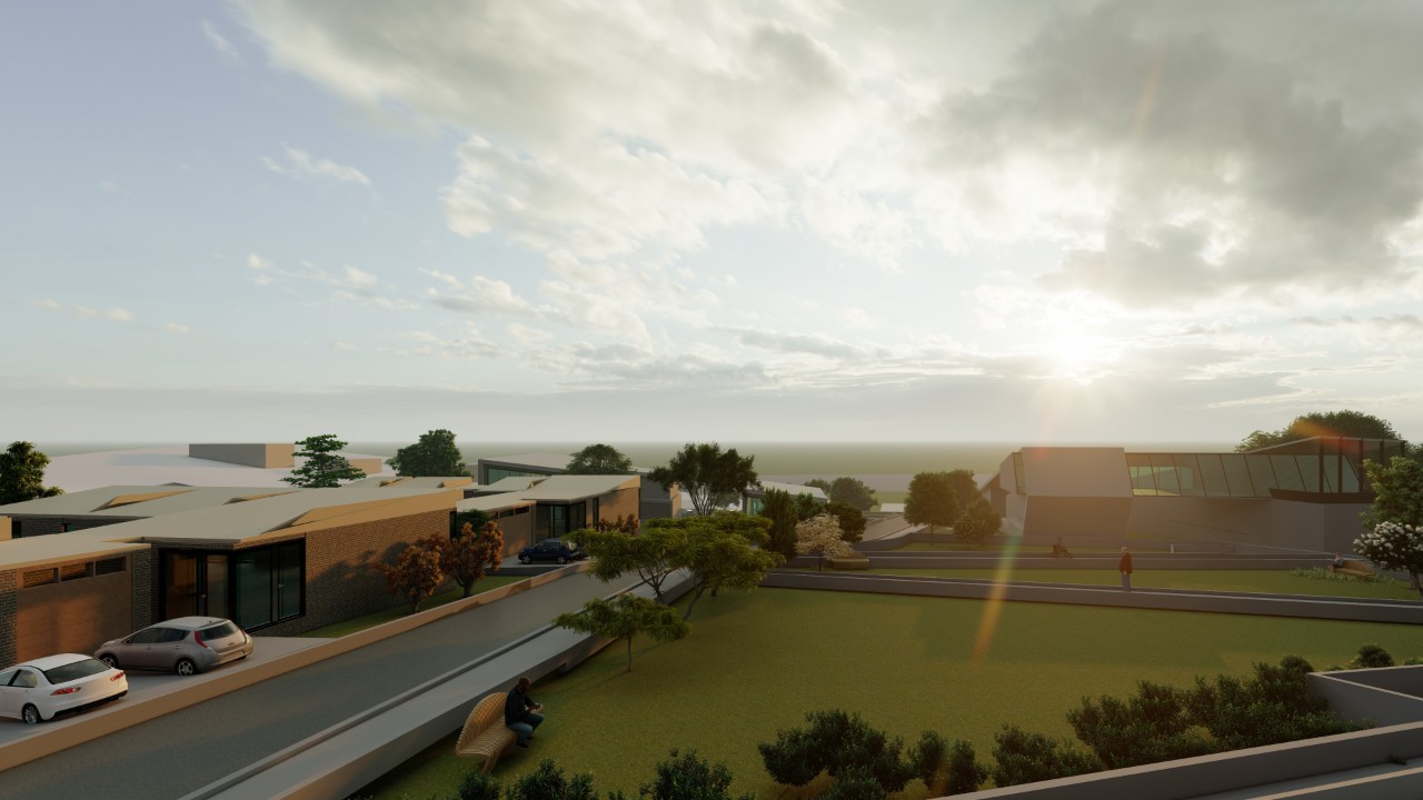 Render of an atmospheric street view of contemporary residential street 